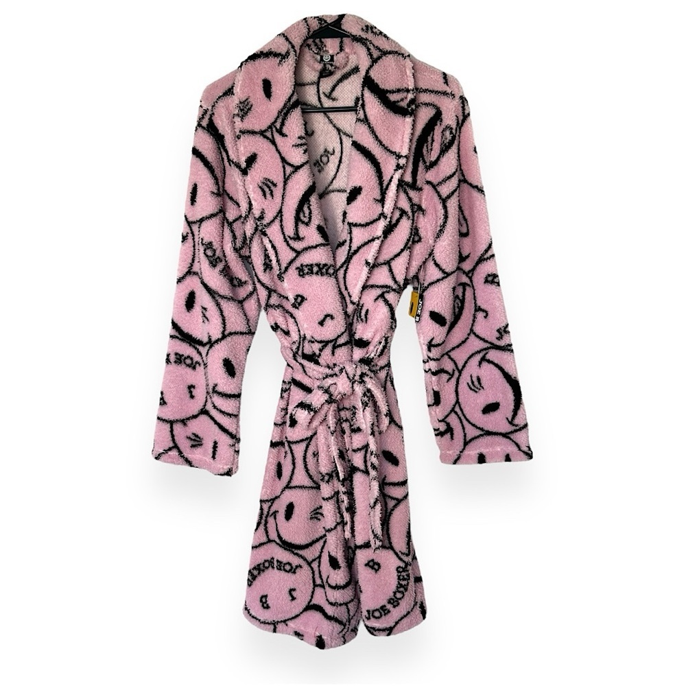 Joe Boxer Plush Robe Sz M Pink &‎ Black Smiley Face Graphic Logo Print Cozy NWT